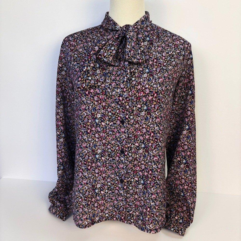 VTG 1970s Pendleton Country Sophisticates Bow Tie Neck Blouse Black Floral USA